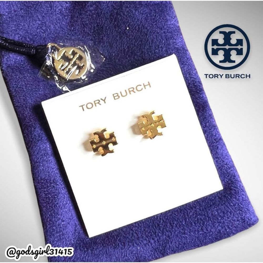 NWT Tory Burch 18K Gold Plated Kira Logo Stud Earrings & Dust Bag $78 - Picture 6 of 12